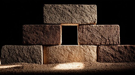 Stacked bricks form a doorway, bathed in light