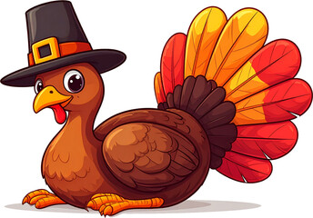 Adorable cartoon pilgrim turkey wears a traditional hat, ready to celebrate Thanksgiving with festive flair and autumnal joy for seasonal projects.