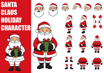 Santa Claus Character Constructor for Animation. Front, Side, Back View Set with Body Parts, Postures and Holiday Poses Collection. Vector Illustration.
