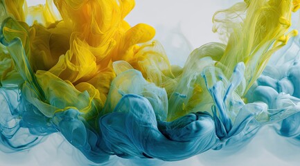 Abstract ink swirling in water, vibrant yellow and teal colors