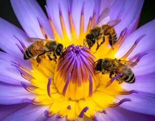 Three bees pollinating on a vivid purple and yellow flower's center