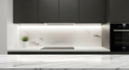 Polished white marble countertop with bold veining in the foreground, set against a blurred, sleek, modern kitchen background for product display