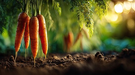 Fresh carrots hanging from plants, sunlight on rich soil