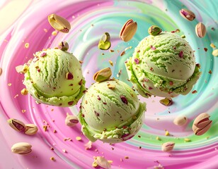 Three scoops of green ice cream with pistachios, in a swirl of colors