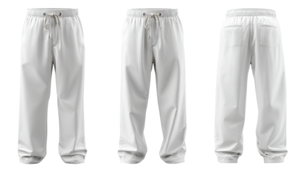 Three views of plain white drawstring pants