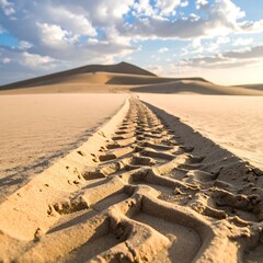 Tire tracks crossing desert, toward distant sand dunes under a blue sky