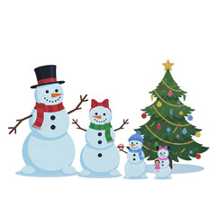 Illustration of a snowman family with their two children celebrating Christmas. Isolated on a white background.