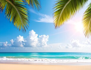 Tropical beach scene, sunny skies, palm fronds framing the turquoise water