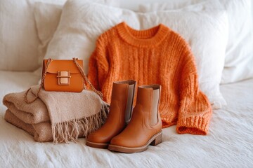 Orange sweater, tan boots, and purse on a bed