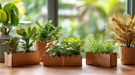 Potted plants in craft paper boxes on a table near a window