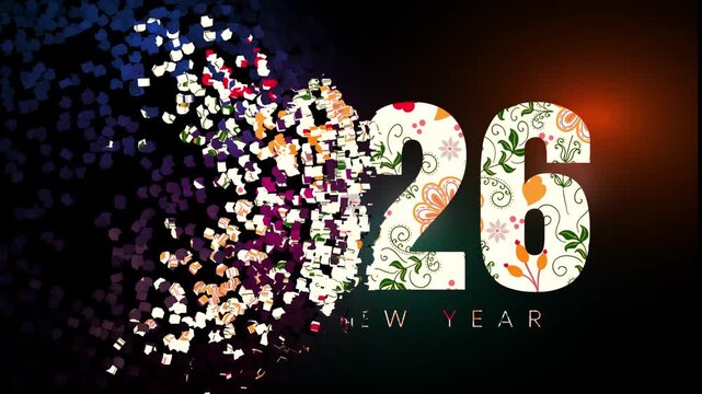 Happy New Year 2026 text animation with disintegration particle effects
