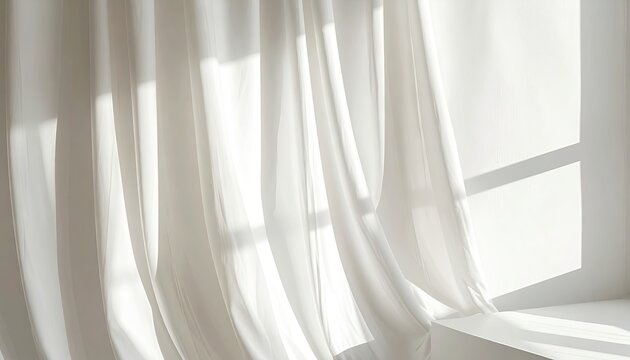 Sheer White Curtains Gently Blowing in a Sunlit Room Casting Soft Shadows and Geometric Light Patterns on a Textured Wall