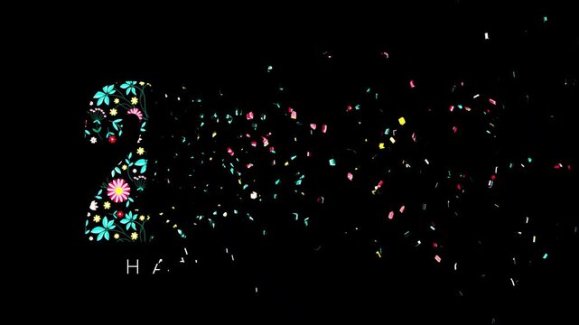 Happy New Year 2026 text animation with disintegration particle effects