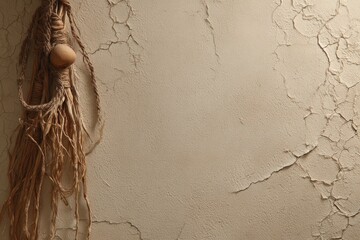 A beige textured wall with a knotted rope and a pebble