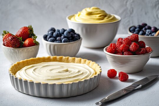 Tart shell filled with creamy custard, surrounded by fresh berries