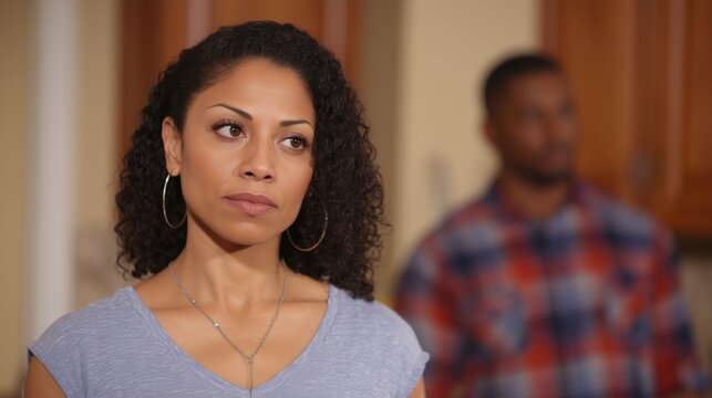A Black woman in her late thirties has a conflict with her husband. A mixed-race woman mistrusts her spouse as she suspects him in cheating