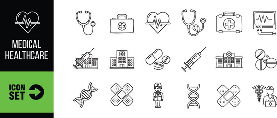Medical healthcare icon set with heart, stethoscope, first aid kit, dna