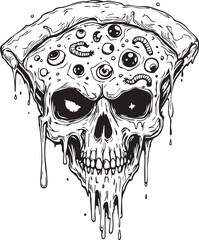 Fototapeta premium Horror Melting Pizza Skull Vector Illustration with Eyeballs and Worms Macabre Style (85 characters)