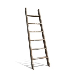 Rustic Wooden Ladder Leaning Against White Background.