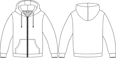 Front and back view hoodie vector template, fashion flat sketch, zipper sweatshirt technical drawing, casual streetwear apparel CAD design illustration