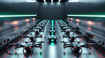Futuristic drone fleet lined up in a high tech hangar