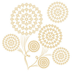 Elegant vector illustration of multiple stylized mandala flowers arranged in a bouquet. Each flower is formed from intricate geometric patterns in golden lines, connected with smooth, curving stems