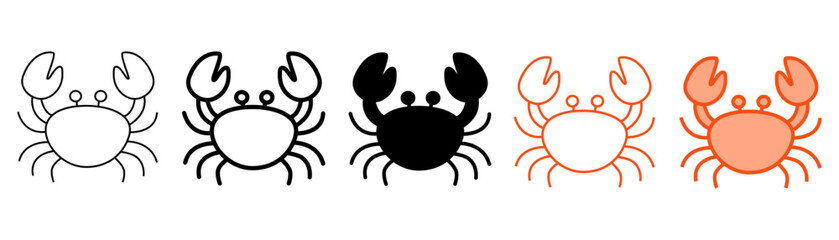 Set of minimalist crab icons with transparent background, depicting marine animal symbols, seafood elements for menus, beach vacation graphics, and oceanic wildlife, vector illustration