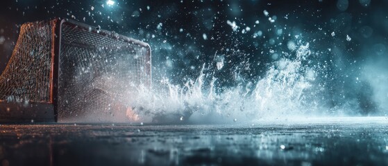 Hockey puck impacting net water spray close up view
