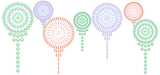FIREWORK-6.eAbstract geometric pattern illustration featuring colorful circular mandala shapes resembling stylized fireworks or flowers. The artwork displays symmetrical arrangements in green, blue