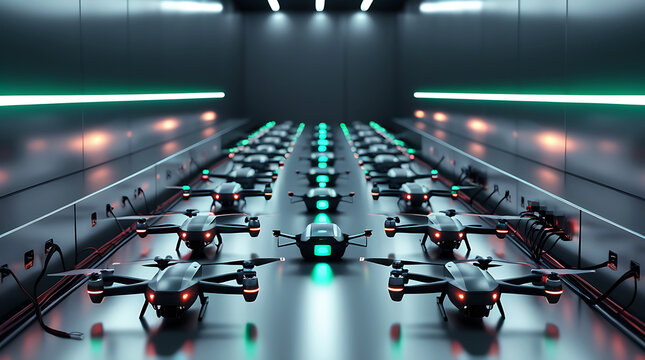 Futuristic drone fleet lined up in a high tech hangar