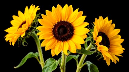 Obraz premium Three Sunflowers Black Background Bright