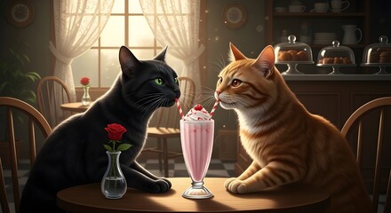 Black cat and orange cat sharing a pink milkshake on a romantic date in a cozy cafe