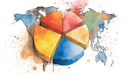 A pie chart, segmented into four vibrant colors (red, orange, yellow, blue), sits atop a world map sketch, suggesting global data distribution. Watercolor-style splatter and brushstrokes add texture