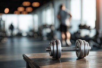 A gray dumbbell rests on a wooden gym table.  Blurred gym background