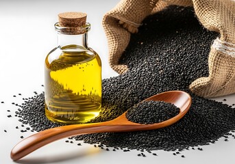 Black cumin seed oil in bottle with seeds isolated on white background