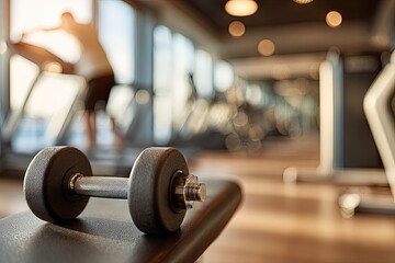Close-up dumbbell on gym bench, blurred gym background