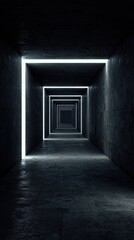 Dark concrete tunnel with glowing white lines