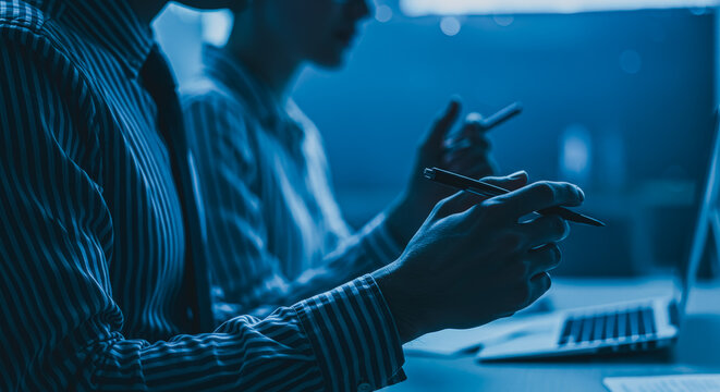 Two business people collaborate and share innovative ideas at a table in a modern office. The focus is on a pen in hand as they discuss, with a laptop open and visible.