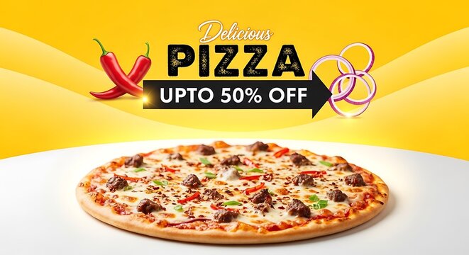 Delicious pizza with meat topping and vegetables on yellow background