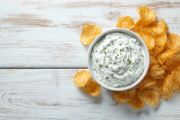 Creamy herb dip in a bowl, surrounded by potato chips on a light wooden table