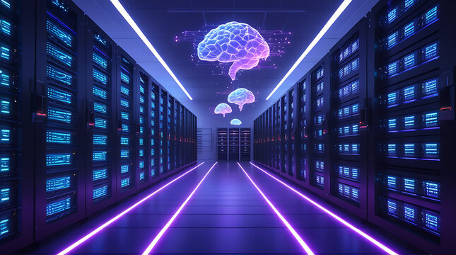 Futuristic server room with glowing digital brains and neon lights