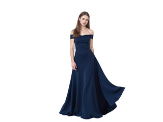 Naklejka premium Elegant woman poses in a flowing navy blue dress against a white background for a fashion showcase