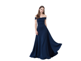 Elegant woman poses in a flowing navy blue dress against a white background for a fashion showcase