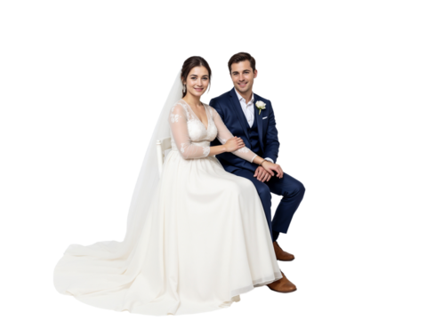 Bride and groom posing together at their wedding, showcasing love and joy in a beautiful celebration