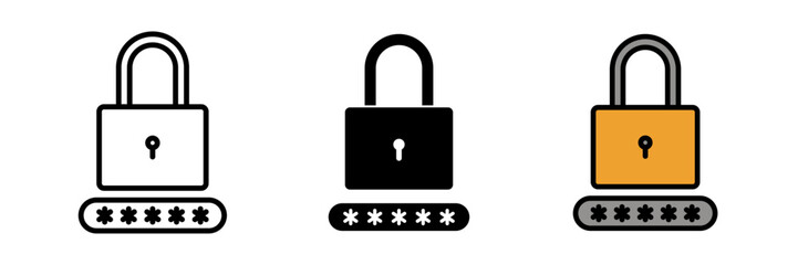 Password icon set in flat vector illustration, designed in outline, filled, and color style. Ideal for security, login, authentication, and privacy design concepts.