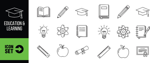 Fototapeta premium Education and learning icon set with book, pencil, graduation cap, apple, and certificate