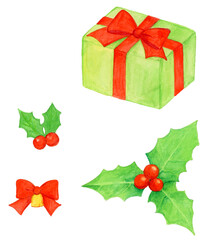 手描き水彩の柊の葉と赤い実、緑のプレゼントボックスと赤いリボンのセット　クリスマスや冬の飾りに使える可愛いイラスト