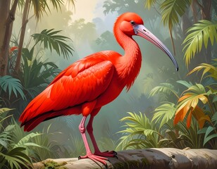 Vibrant scarlet ibis perched on a log amidst lush tropical foliage
