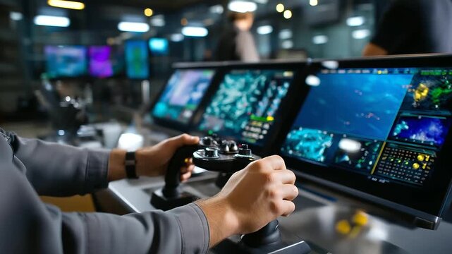 Headless shot of operator's torso and hands controlling multiple synchronized command displays, with copy space