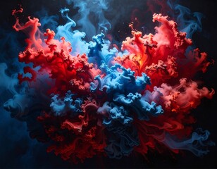 Vivid abstract artwork with swirling blue and red smoke